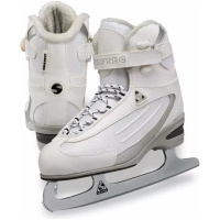 Jackson Softec ST2300 ice skates in white, showing the fabric lace loops and the Softec-badged figure blade with its toe pick