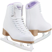 Pair of white Jackson Ultima Classic SoftSkate 380 ice skates with lilac fleece collars and Ultima Mark I blades