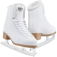 Pair of white Jackson Classic SoftSkate 380 figure skates with fleece-lined rolled collars and white Ultima Mark I blades