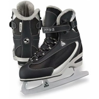 Jackson Softec ST2300 ice skates in black, showing the fleece-lined rolled collar, SOFTEC Velcro ankle strap and Softec figure blade