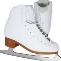 White GAM Podium 580 figure skates with Ultima Aspire XP blades, front and rear views