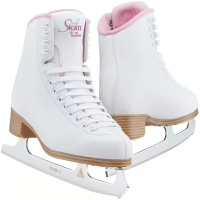 Jackson Classic SoftSkate 380 pink ice skates, a pair angled to show the white boots, pink fleece collars and white Ultima Mark I blades