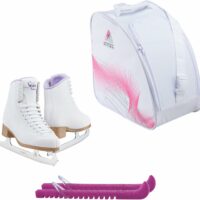 Jackson SoftSkate 380 ice skates in Purple with Guardog 837 guards + White skate bag