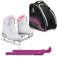 Jackson Finesse 180 ice skates in Pink with Guardog 837 guards + Purple skate bag