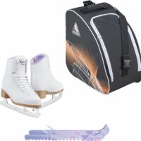 Jackson SoftSkate 380 ice skates in Purple with Guardog 870 guards + Orange skate bag