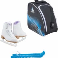 Jackson SoftSkate 380 ice skates in Purple with Guardog 838 guards + Blue skate bag
