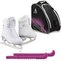 Jackson Finesse 180 ice skates in Fleece with Guardog 837 guards + Purple skate bag