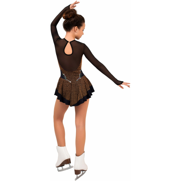 Vestido de patinaje artístico estilo A14 tela italiana de oro negro, hecho a mano Vestido de patinaje artístico A14