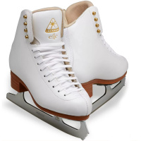 Jackson Ultima Elle DJ2130 white figure skates with gold elle tongue logo, tan LCL sole and Ultima Mirage blade