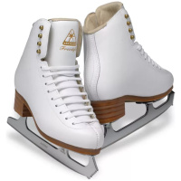 Jackson Ultima Freestyle DJ2190 white figure skates, pair shown with Ultima Aspire blades and tan layered cork-leather LCL soles