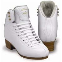 Jackson Ultima Finesse DJ2510 white figure skating boots without blades, gold Finesse script and tan stacked heels