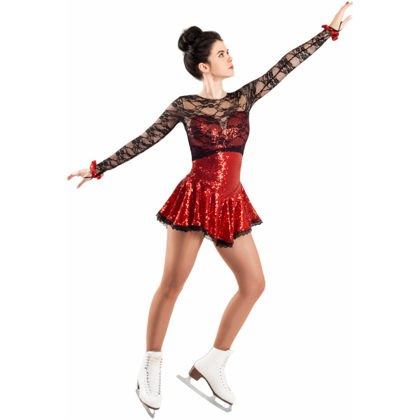 Vestido de patinaje artístico estilo A15 tela italiana roja, hecho a mano Vestido de patinaje artístico A15