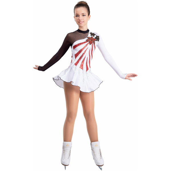Eiskunstlaufkleid Stil A18 Weiß Rot Italienischer Stoff, handgefertigt Eiskunstlauf-Kleider. Eiskunstlauf-Kleid
