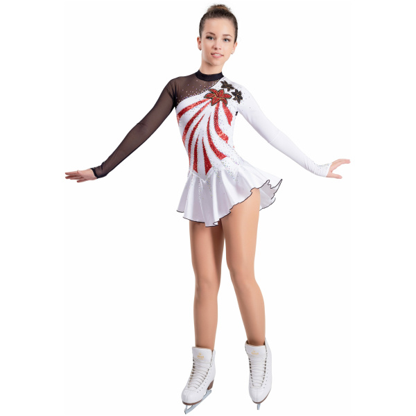 Eiskunstlaufkleid Stil A18 Weiß Rot Italienischer Stoff, handgefertigt Eiskunstlauf-Kleider. Eiskunstlauf-Kleid