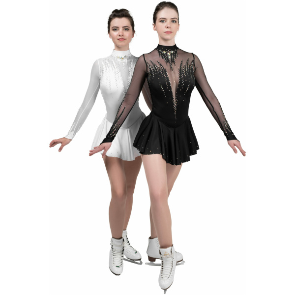 Eiskunstlaufkleid Stil A19 Weißer italienischer Stoff, handgefertigt Eiskunstlaufkleider Eiskunstlaufkleid
