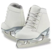 Jackson Softec DIVA DV3000 women's ice skates in white, pair shown from the side and front with Ultima Mark I blades