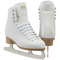 GAM Stella white figure skates with GAM crest, fleece collar, tan stacked heels and riveted Mark I blades