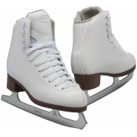 GAM Pirouette white figure skates with GAM tongue crest, mesh gusset and riveted-look brown stacked heels with Mark II blades