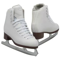 GAM Pirouette white figure skates with GAM tongue crest, brown stacked heels and Ultima Mark II blades