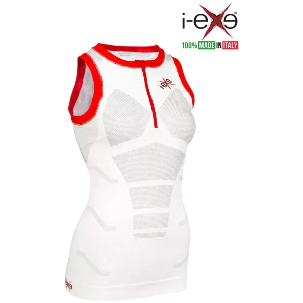I-EXE Made in Italy – Ärmelloses Multizone-Kompressions-Tanktop für Damen – Farbe: Weiß mit Rot Kompressionshemden und T-Shirts