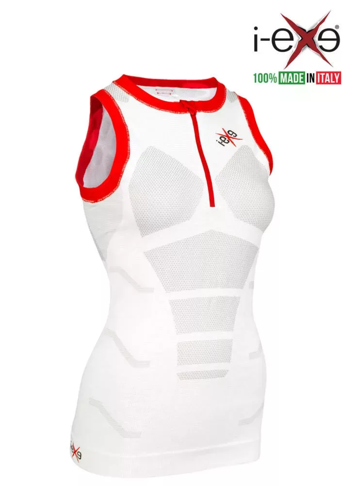 I-EXE Made in Italy – Multizone Compression Sleeveless Women’s Shirt Tank-Top – Color: White with Red Compression Shirts and T-Shirts