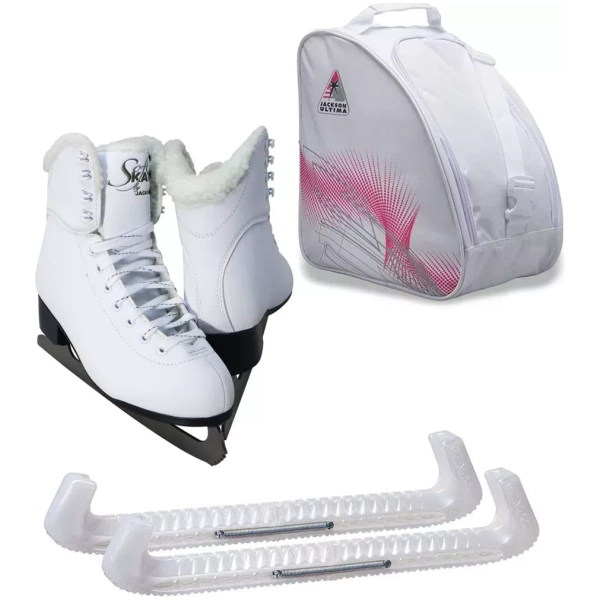 Jackson Ultima SoftSkate Patines de hielo para mujer / Paquete con bolsa Jackson, protectores de patines Guardog / Blanco manojos