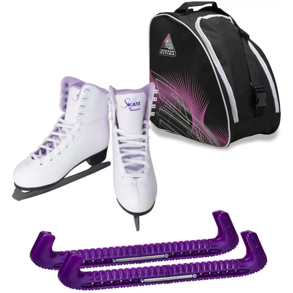 Jackson Ultima SoftSkate Patines de hielo para mujer / Paquete con bolsa Jackson, protectores de patines Guardog / Púrpura manojos
