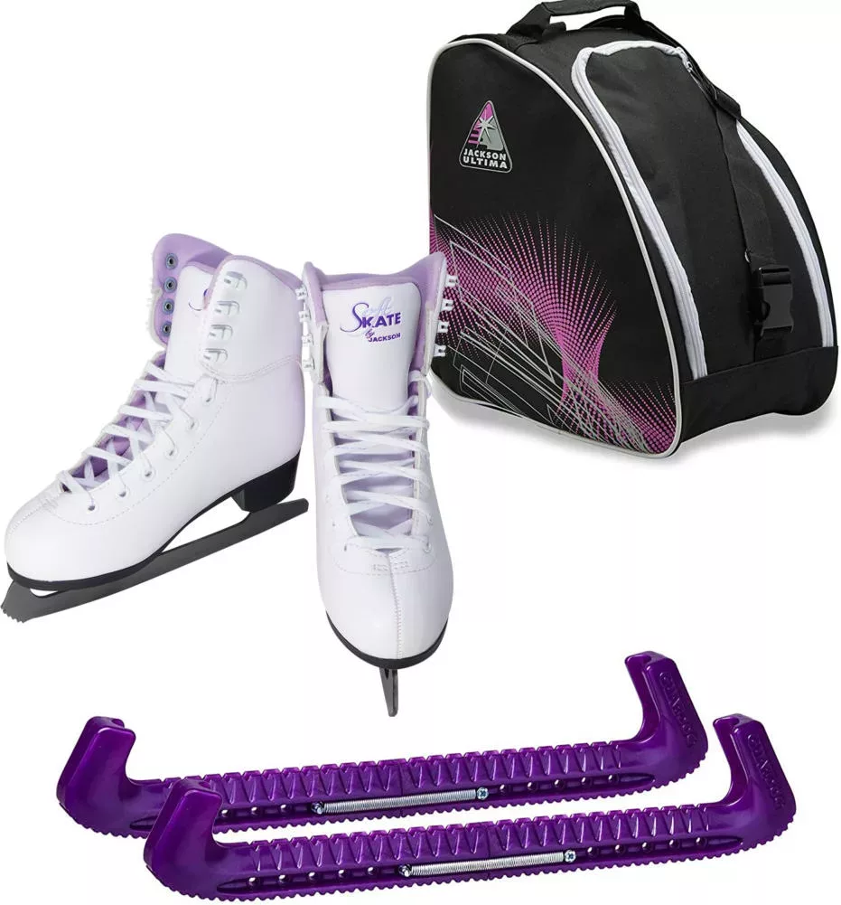 Patines de hielo Jackson Ultima SoftSkate para mujer / Paquete con bolsa  Jackson, protectores de patines Guardog / Blanco - SKATE GURU INC