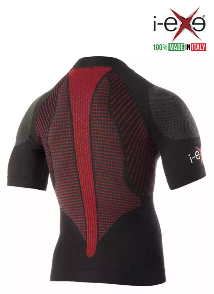 I-EXE Made in Italy – Multizone Kurzarm-Kompressionsshirt für Herren – Farbe: Schwarz mit Rot Kompressionshemden und T-Shirts