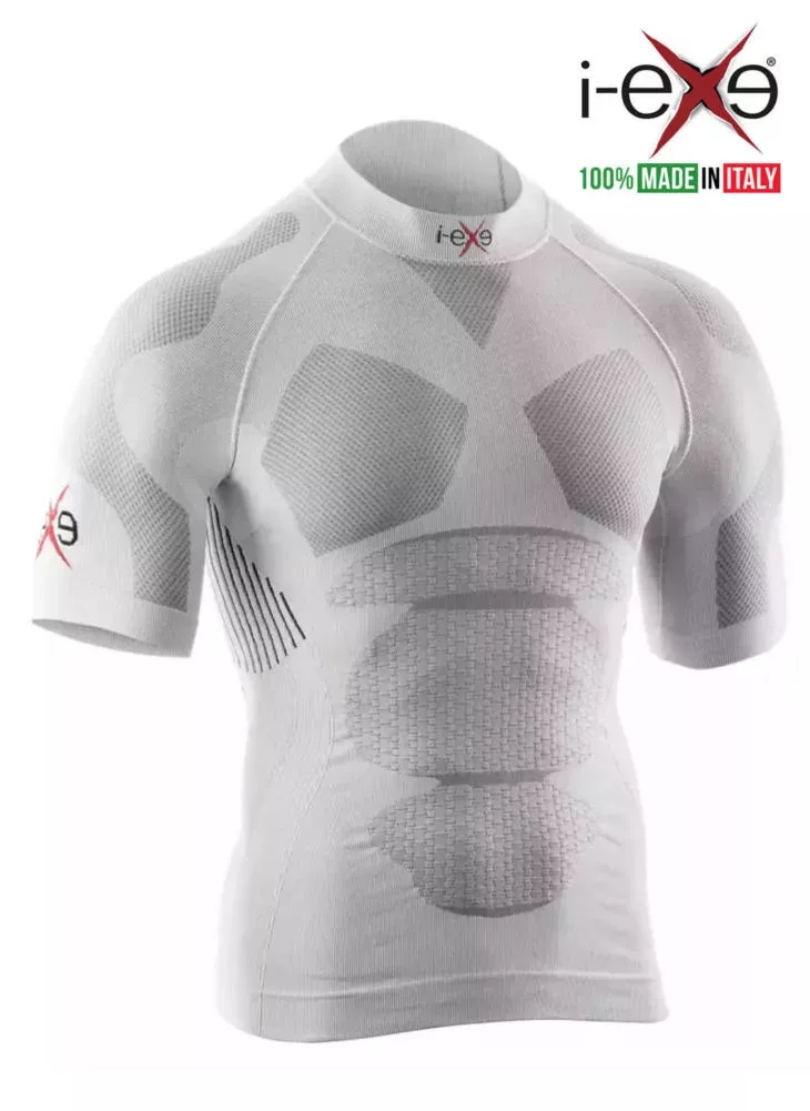 I-EXE Made in Italy – Men’s Multizone Short Sleeve Compression Shirt – Color: White with Black Compression Shirts and T-Shirts