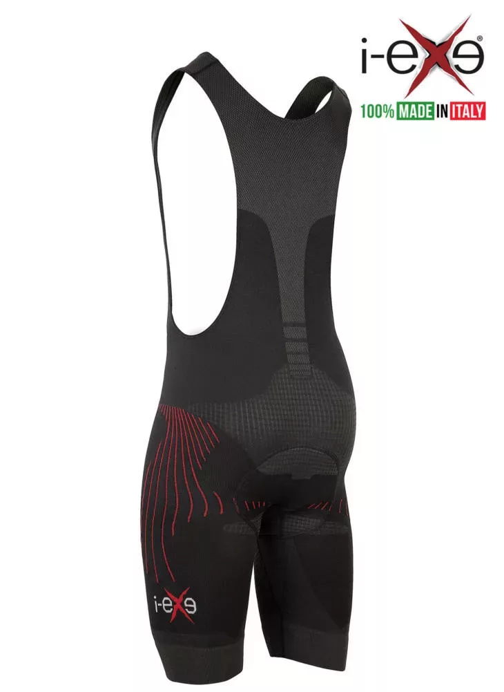 I-EXE Made in Italy – Short de cyclisme pour homme à compression multizone – Couleur : noir avec rouge Cuissards à bretelles de cyclisme