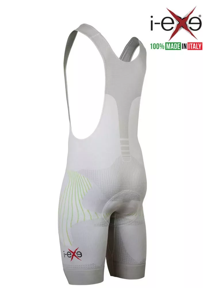 I-EXE Made in Italy – Short de cyclisme pour homme à compression multizone – Couleur : blanc avec vert Cuissards à bretelles de cyclisme