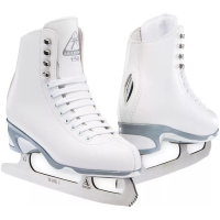 Jackson Ultima Finesse JS150 white figure skates, pair shown from the front and side with chrome-trimmed heel, grey and white PVC outsole and Ultima Mark I blade