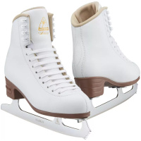 Jackson Ultima Artiste JS1790 figure skates, pair: white boots with tan padded topline, gold Jackson Artiste tongue logo, brown PVC heels and chrome Ultima Mark IV blades