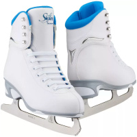 Jackson SoftSkate JS180 white figure skates with a blue padded collar, pair view with Ultima Mark I blades