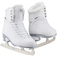 Jackson SoftSkate JS180 in Fleece: white boot with a plush white fleece collar and Ultima Mark I blade