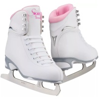 Jackson SoftSkate JS180 in Pink: white boot with a pink padded collar and Ultima Mark I blade