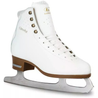 BOTAS Cindy white leather figure skate, outer side, showing the gold Cindy lettering, four antique-brass hooks and the brown plastic sole