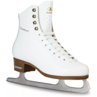 BOTAS Dagmar white leather figure skate, side view: gold Dagmar lettering, four brass hooks, brown plastic sole and Botas Sabrina blade