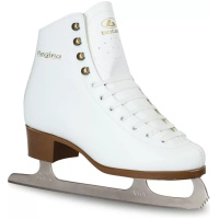 Botas Regina white figure skate, adult boot side view: four pairs of hooks, gold Regina lettering, brown plastic sole and Botas Nicole blade