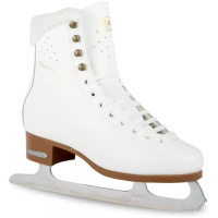 BOTAS Diana white leather figure skate, outside profile showing the plush collar, gold Diana script, antique-brass hooks, brown plastic sole and Sabrina blade