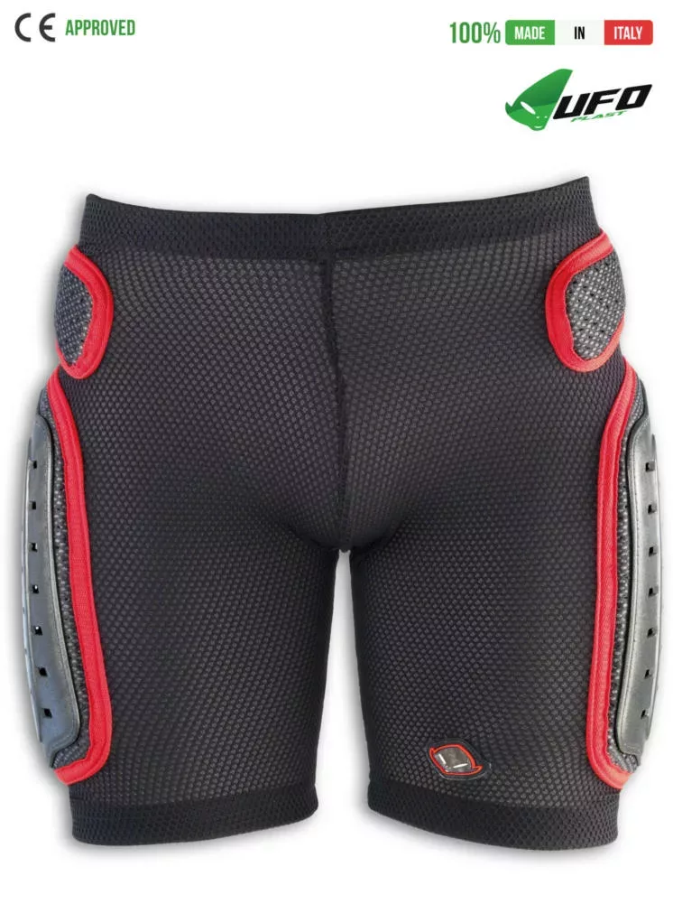 UFO PLAST Made in Italy – Gepolsterte Herren-Shorts, Hüftschutz, mit Kunststoff gepolstert – Schwarz mit Rot Gepolsterte Shorts