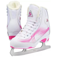 Jackson Ultima Softec RAVE RV2000 ice skates in white with the pink graphic print, three lace hooks a side and Ultima Mark I blade