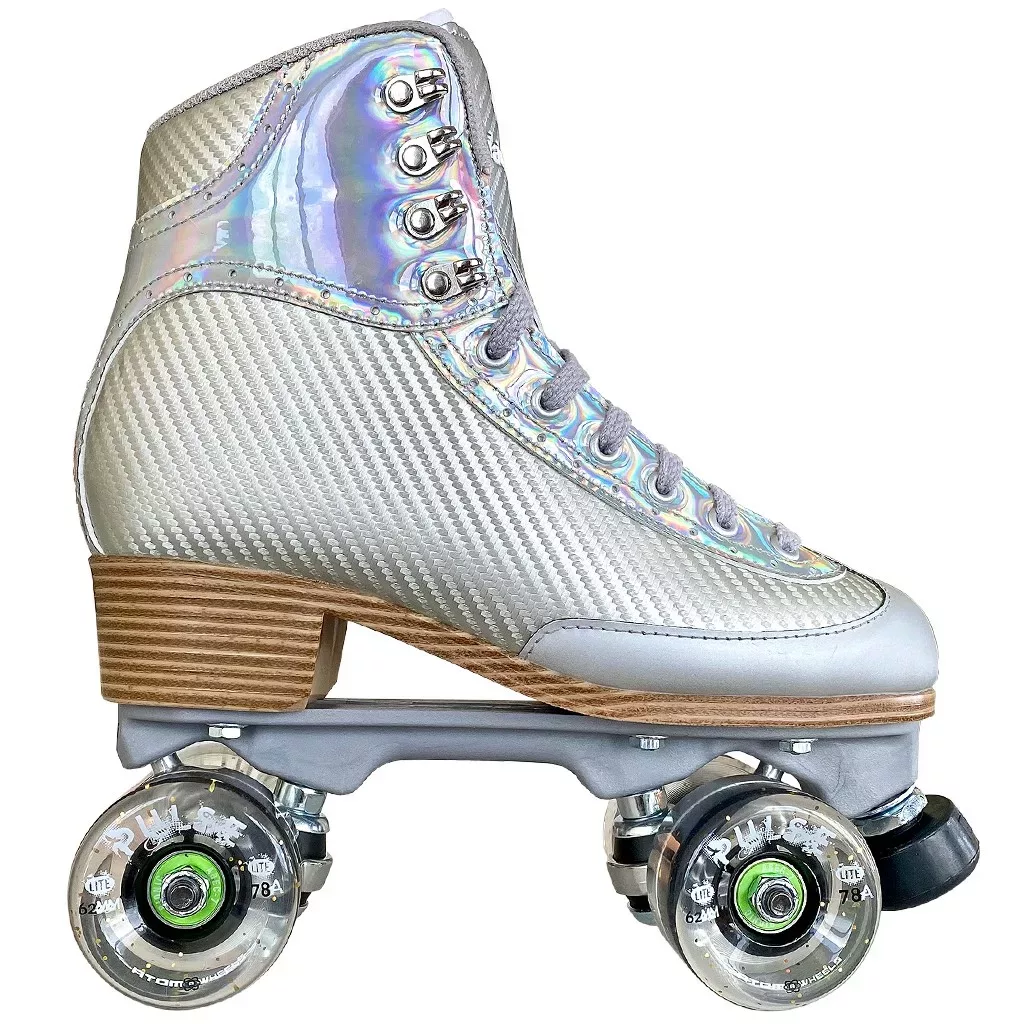ATOM Jackson Vibe JR1711 Silver Quad Women’s Roller Skates – Tan Sole – Nylon Plate – Lime Pulse Lite Wheels Women's and Girls' Quad Skates