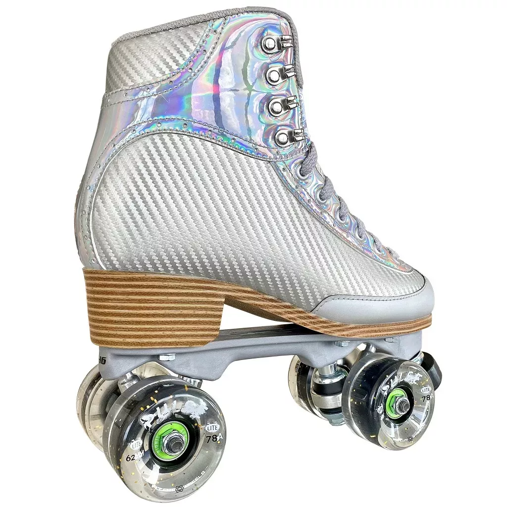 ATOM Jackson Vibe JR1711 Silver Quad Damen-Rollschuhe – hellbraune Sohle – Nylonplatte – Lime Pulse Lite-Räder Quad-Skates für Damen und Mädchen