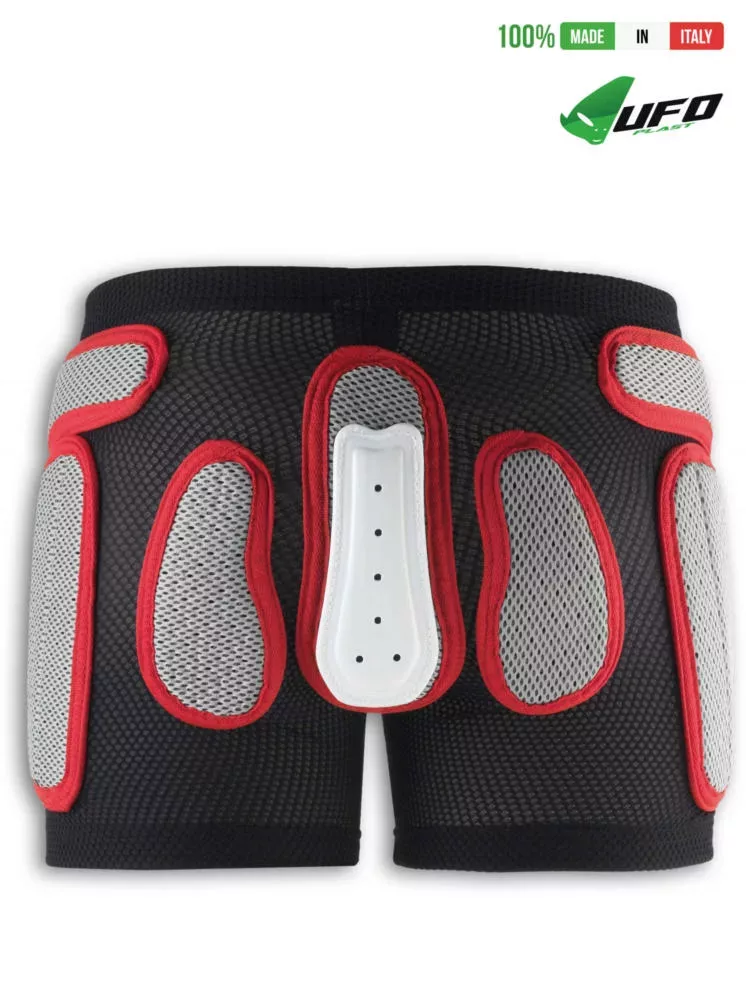 UFO PLAST Made in Italy – Weich gepolsterte Shorts für Kinder, abnehmbarer Hüft- und Seitenschutz, Weiß mit Rot Gepolsterte Shorts