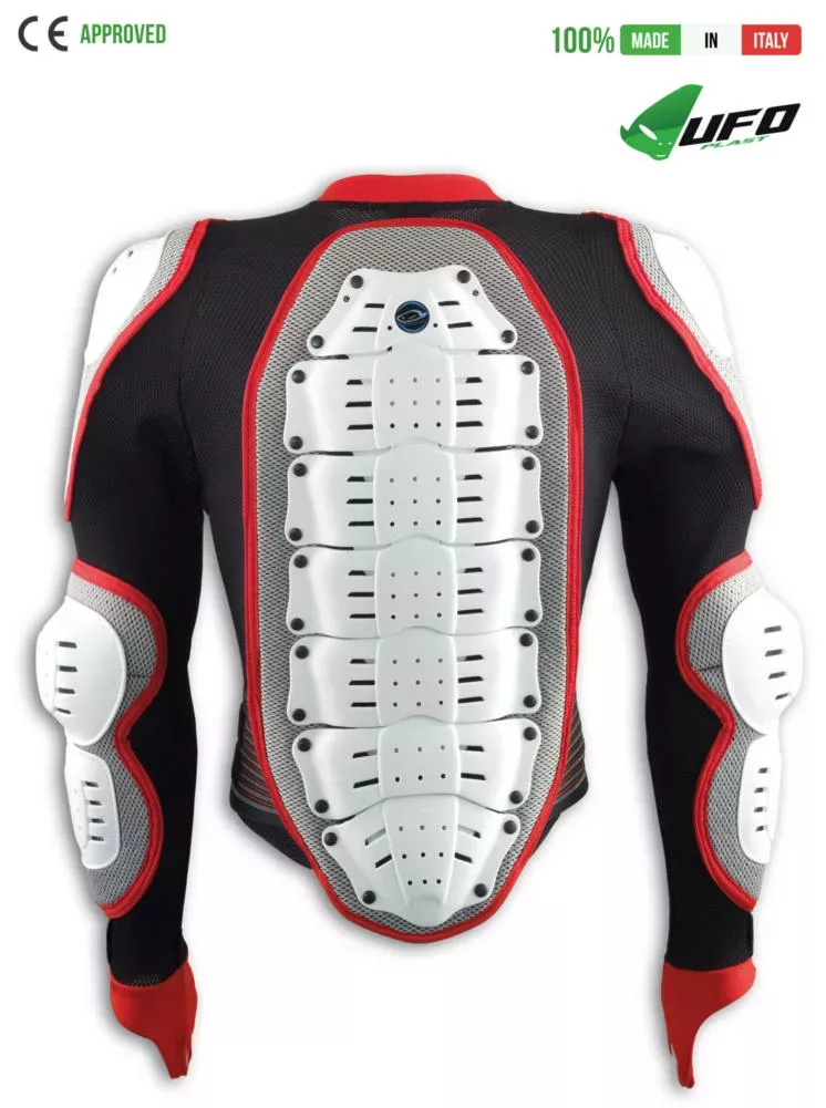 UFO PLAST Made in Italy – Predator – Sicherheitsjacke, Ganzkörperpanzeranzug mit Rückenprotektor, Weiß mit Rot Körperschutzjacken