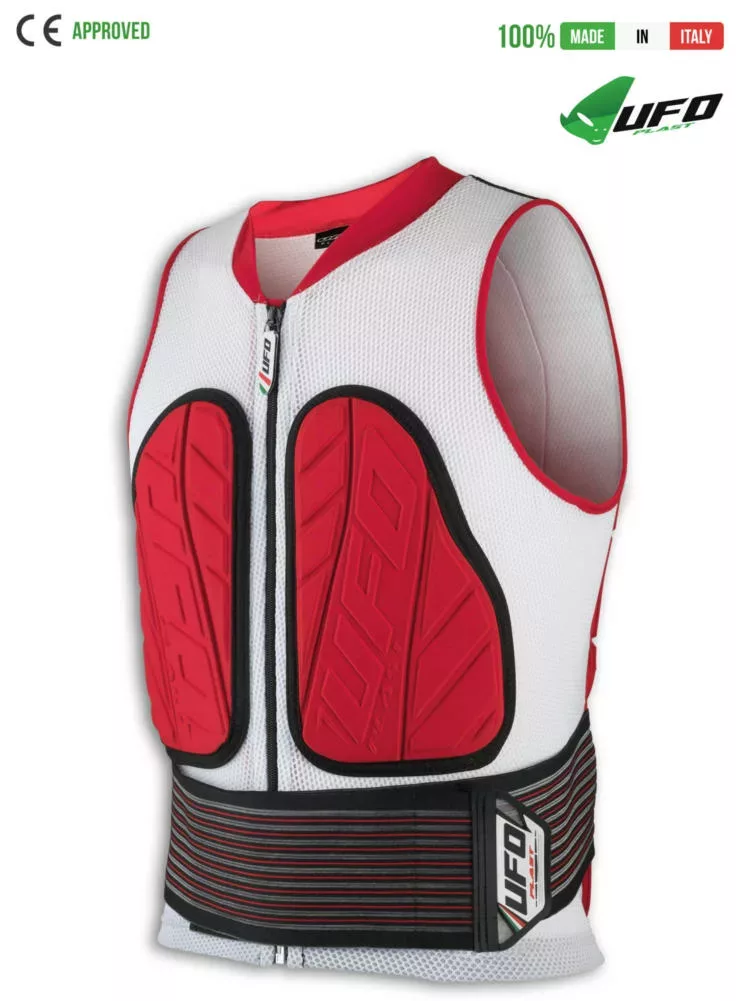UFO PLAST Made in Italy – Fulcrum – Sicherheitsjacke, ärmellos, Körperschutz, weiche Frontpolster, weiß mit rot Körperschutzjacken