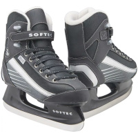 Jackson Ultima Softec Sport ST6102 ice skates, a black pair on black plastic hockey blade holders printed SOFTEC