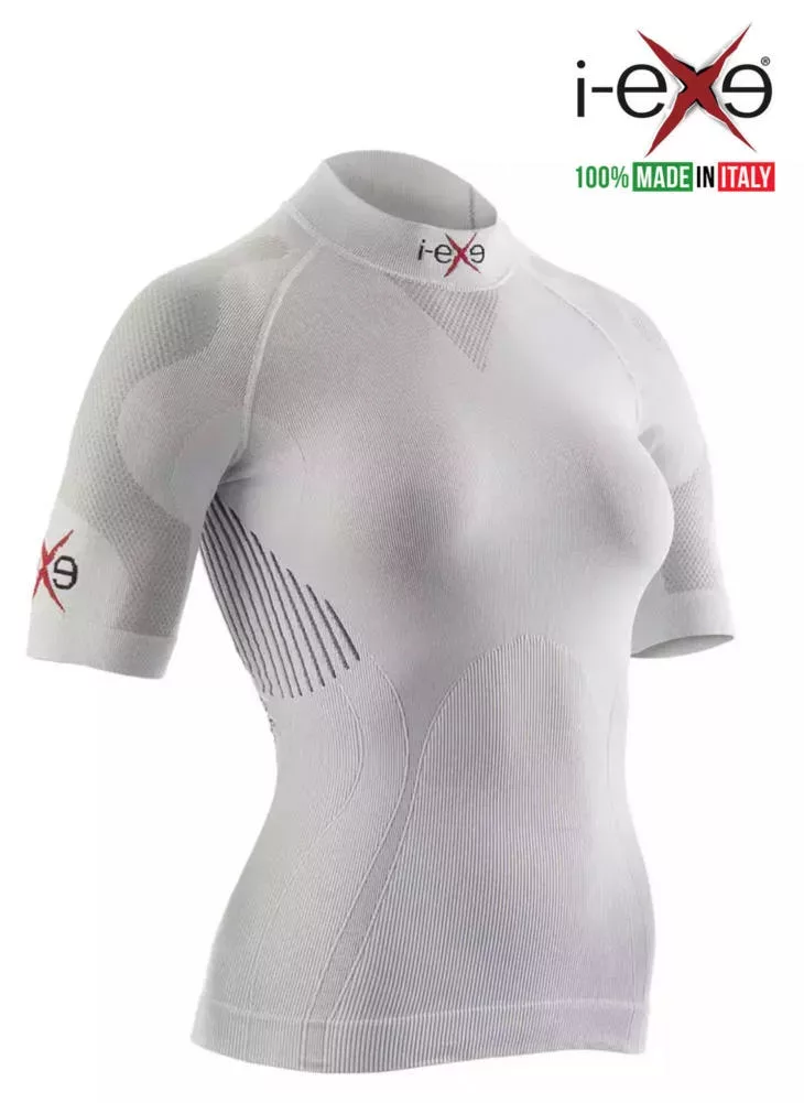 I-EXE Made in Italy – Multizone Kurzarm-Kompressionsshirt für Damen – Farbe: Weiß mit Schwarz Kompressionshemden und T-Shirts